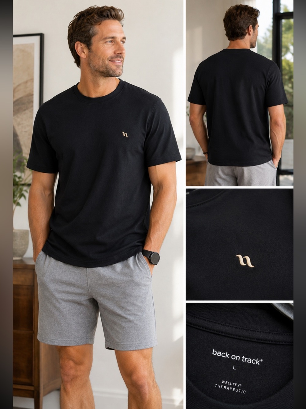 Mens Back on Track Welltex Therapeutic T Shirt Black Short Sleeve Recovery Top L